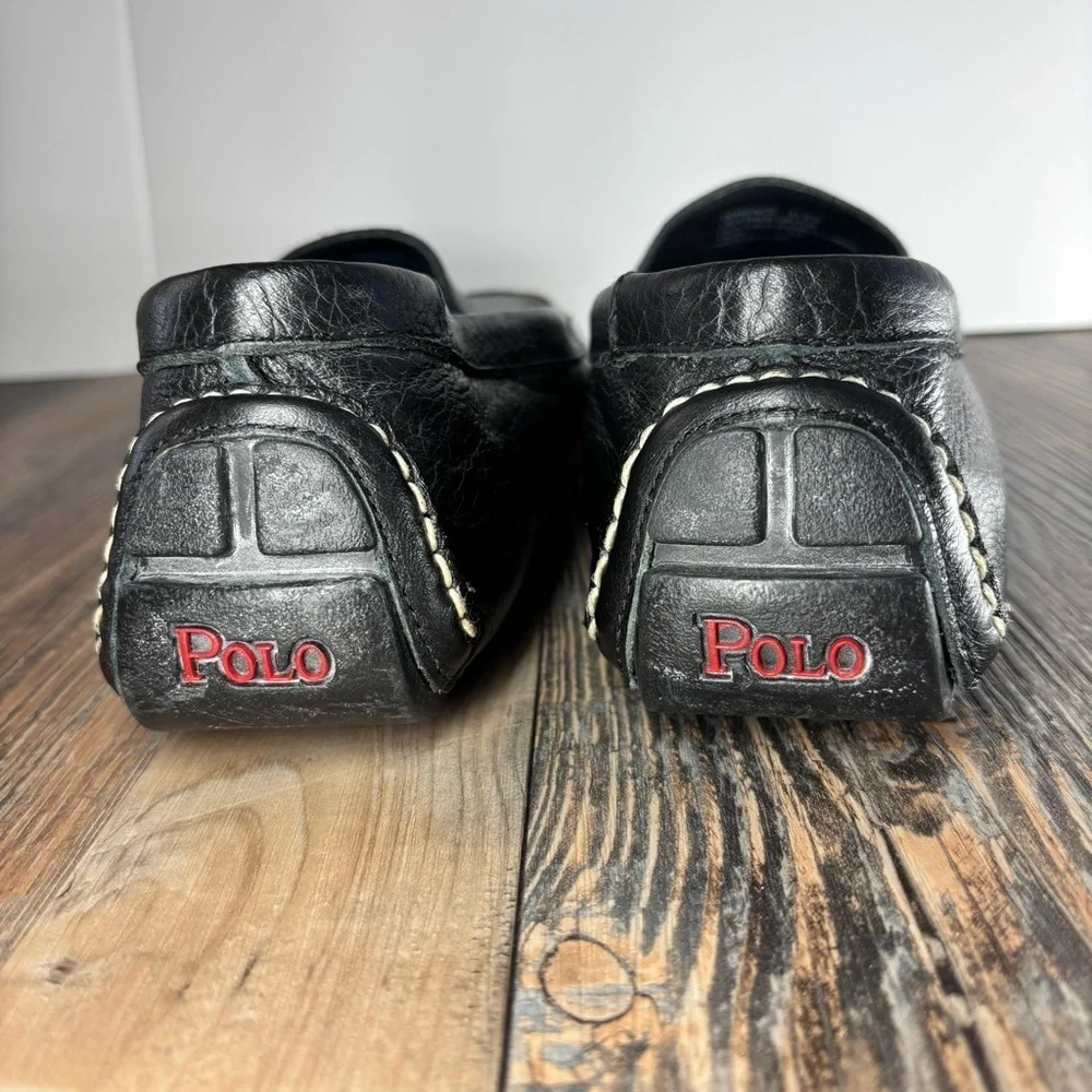 Polo by Ralph Lauren Black Leather Driving Loafers with Contrast Stitching